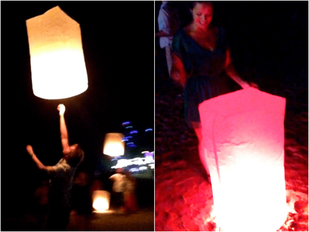Me on NYE holding the lantern over the sand for several minutes before lift off. I had the fortune of sailing my wish off into the sky with a unique, bright red lantern; most people chose white.