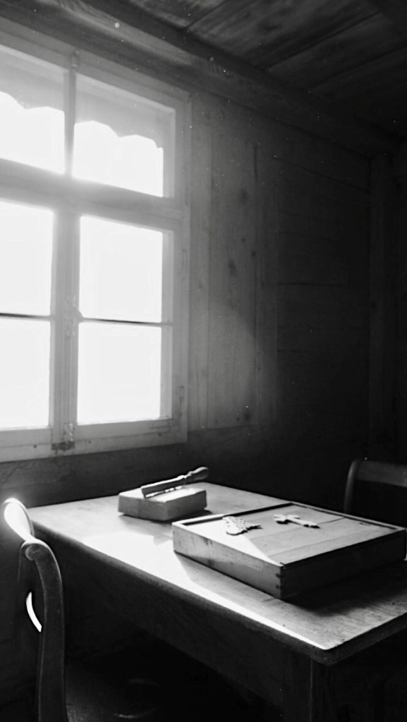 Religious relics illuminated by light upstairs.